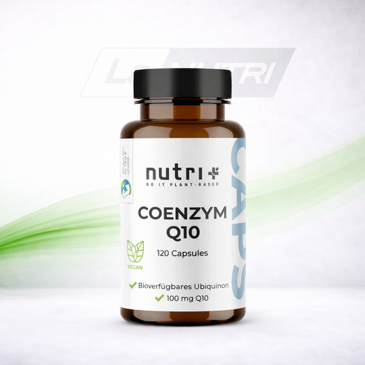 Bottle of Nutri+ Coenzym Q10 capsules on a white background