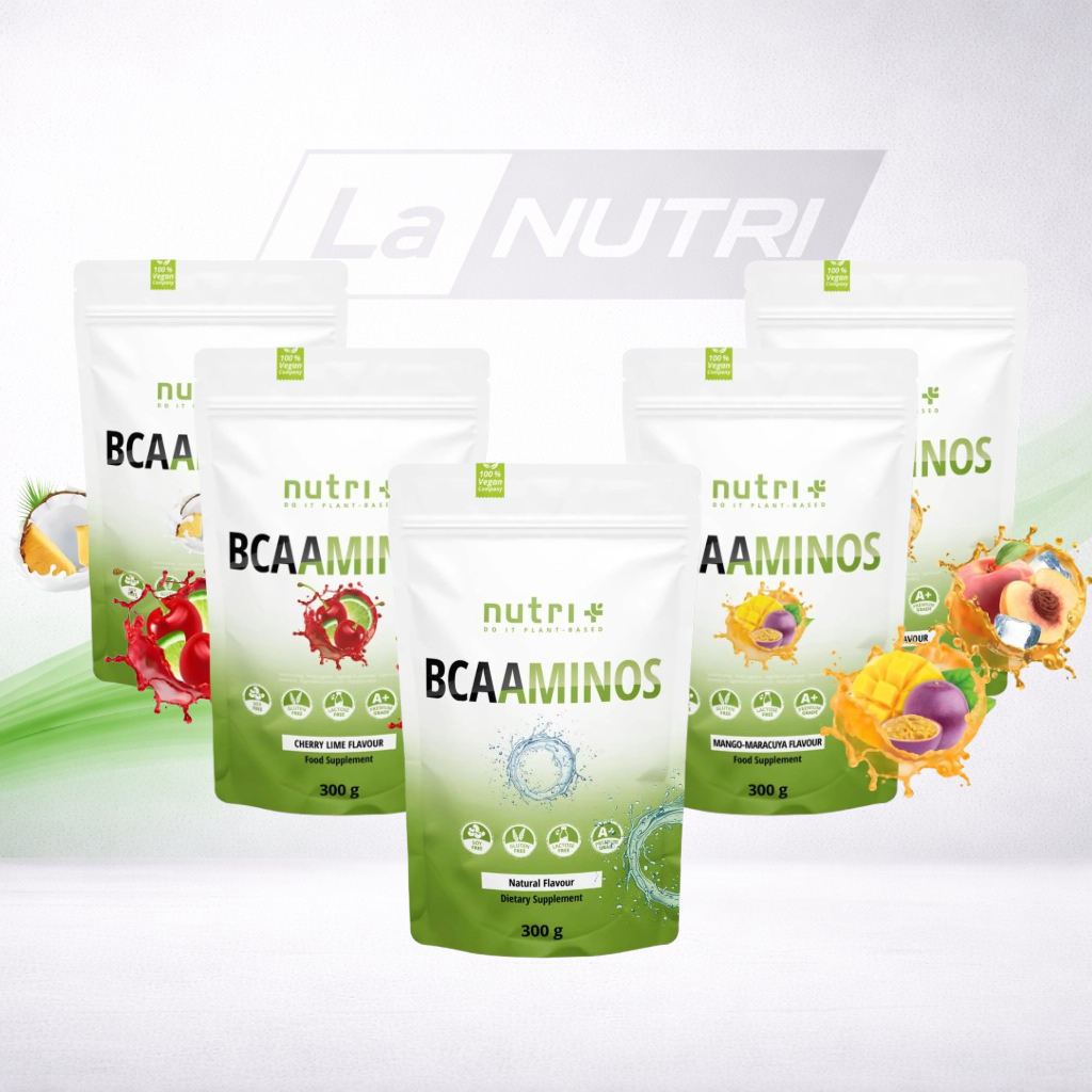 Packages of BCAA and AAMINOS products by La Nutri on a white background