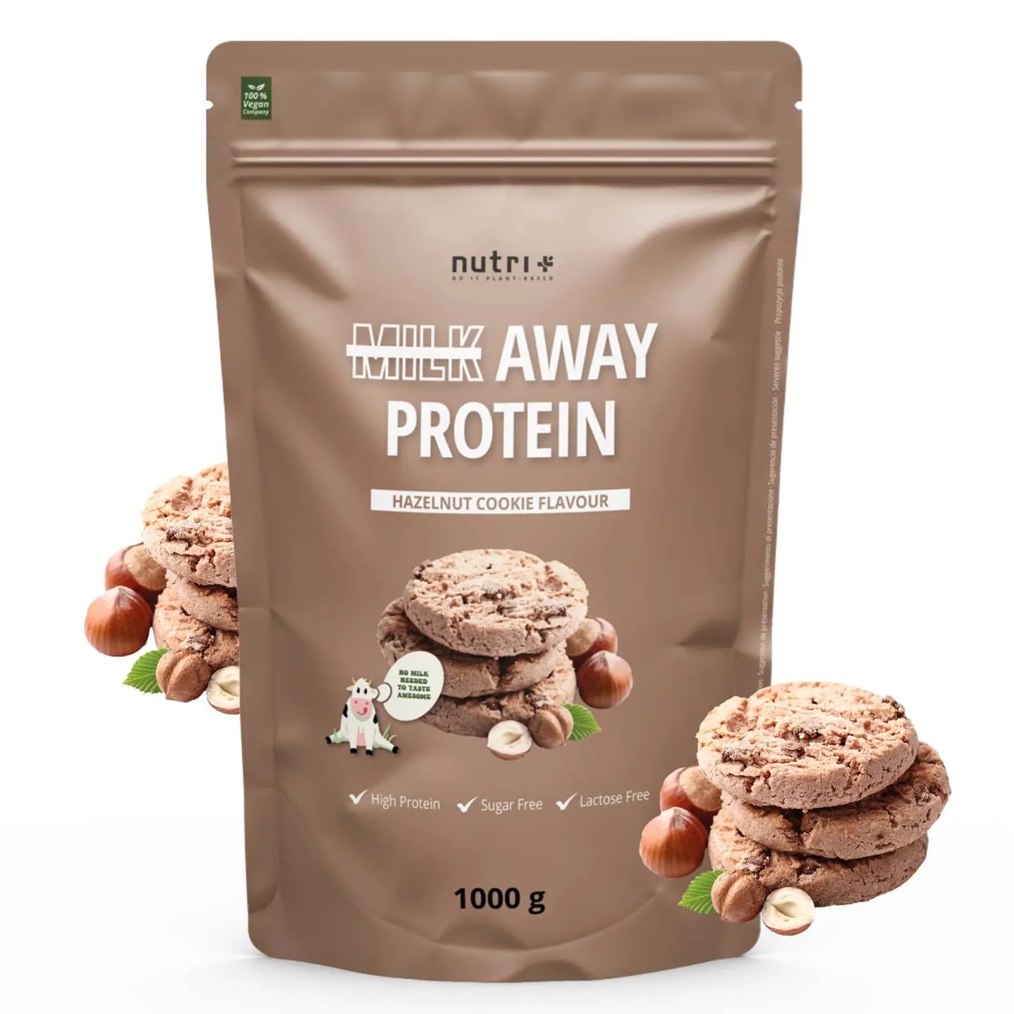 Nutri+ Milk away protein 1kg smaak Hazelnut cookie nu beschikbaar bij Lanutri